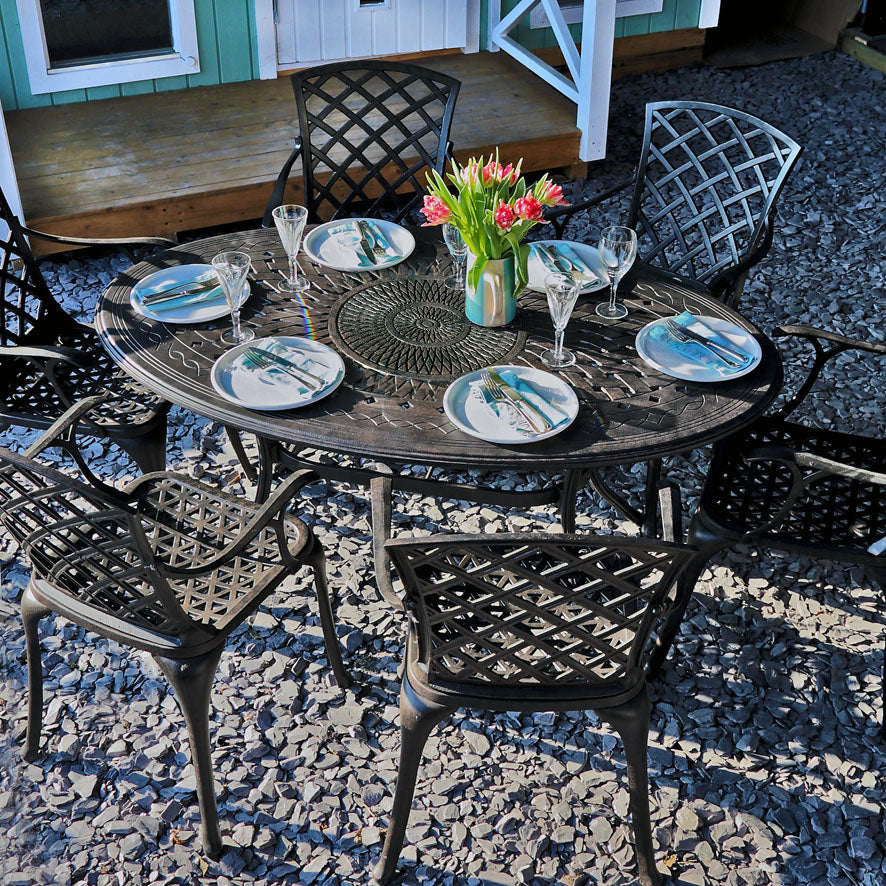 Emily: 6 Sitzer Outdoor Tisch- & Stuhlset - Bronze