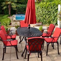 Vorschau: Customer photo of the June 6 seater garden table and april chairs in antique bronze with terracotta cushions and parasol